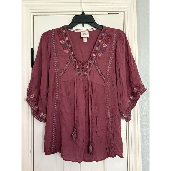 Knox Tops - Knox Rose Boho Embroidered Top Medium Peasant Cottagecore Blouse Tie Front VNeck